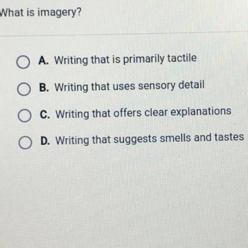 What is imagery?

A. Writing that is primarily tactile
O B. Writing that uses sensory detail
C. Wr