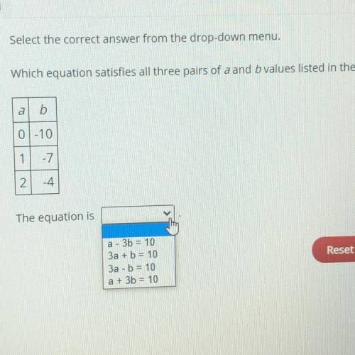 Select the correct answer

Which equation satisfies all three pairs of a and b values listed in th