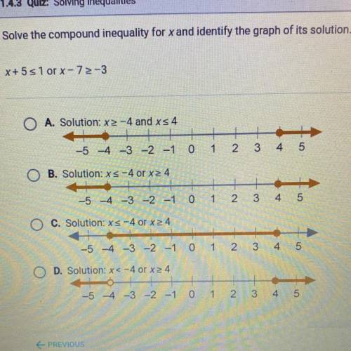 :-) Solve the compound inequality for x and identify the graph of its solution.

x+5 s 1 or x-72-3