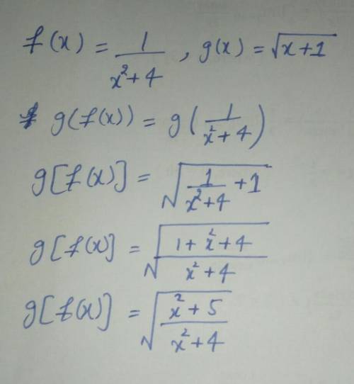 Given f(x) =1/(x^2+4) and g(x) = square root (x+1) Find g(f(x)).