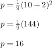 p =  \frac{1}{9} (10 + 2) {}^{2}  \\  \\ p =  \frac{1}{9} (144) \\  \\ p = 16
