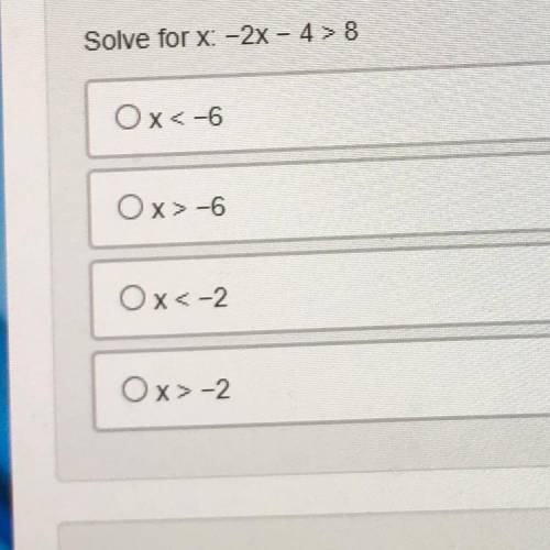 Solve for x: -2 - 4 > 8 
(9th grade Algebra 1)
