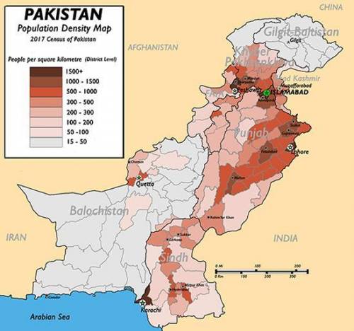 Population density map of Pakistan using the 2017 Census. The political map shows people per square