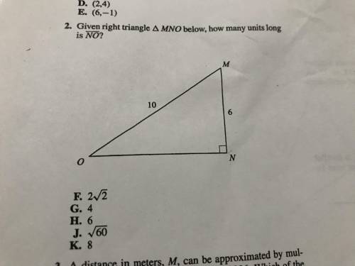 What is the answer? Given right triangle MNO below. how many units long is NO?