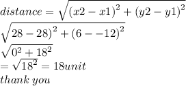 distance =  \sqrt{ {(x2 - x1)}^{2}  +  {(y2 - y1)}^{2} }  \\  \sqrt{ {28 - 28)}^{2}  +  {(6 -  - 12)}^{2} }  \\  \sqrt{ {0}^{2} +  {18}^{2}  }  \\  =  \sqrt{ {18}^{2} }  = 18unit \\ thank \: you