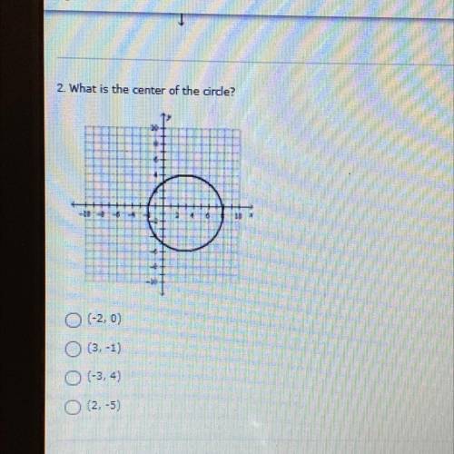 HELP !!!
What is the center of the circle? A. (-2,0) B. (3,-1) C. (-3,4) D. (2,-5)