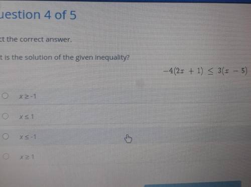 What is the solution of the given inequality -4 +(2x + 1 )greater than or equal to 3( x + 5)​