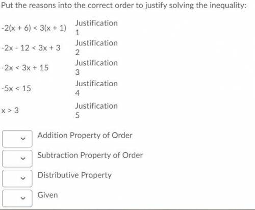 Put the reasons into the correct order to justify solving the inequality: