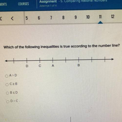 Which of the following inequalities is true according to the number line?

+
D
C
А
B
A>D.
C2B
B