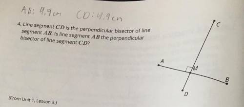 4. Line segment CD is the perpendicular bisector of line

segment AB. Is line segment AB the perpe
