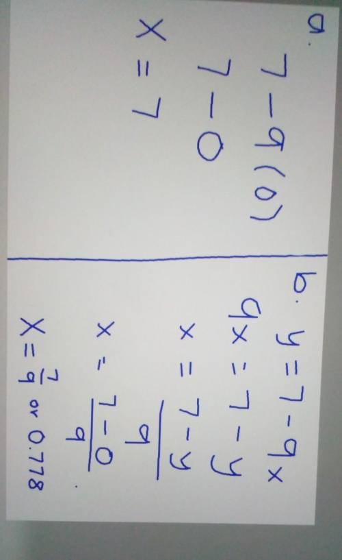 Two quantities x and y are connected by the formula y=7-9x.

a. Find the value of y when x=0. b. Fi