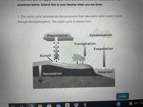 The water cycle summarizes the processes that take place when water moves through the hydrosphere.