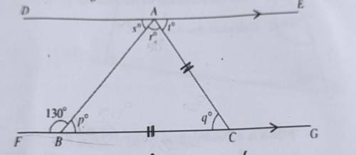 Geometry

1). In the diagram below, DAE and FBCG are parallel lines. AC = BC and angle FBA = 130°.