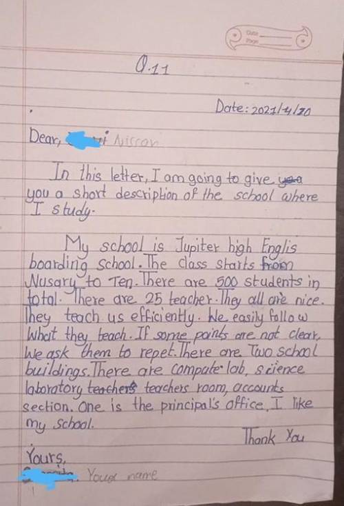 Write a letter to your bestfriend describing your school .(20)​