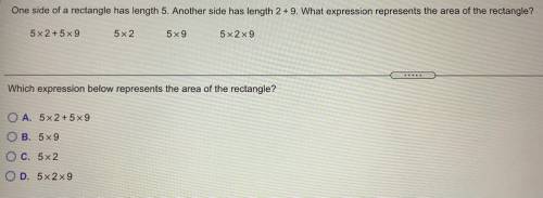 One side of a rectangle has the length 5. Another side has length 2+9. What expression represents t