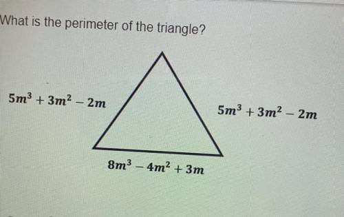 What is the perimeter of the triangle?
5m3 + 3m2 – 2m
5m3 + 3m2 – 2m
8m3 – 4m2 + 3m