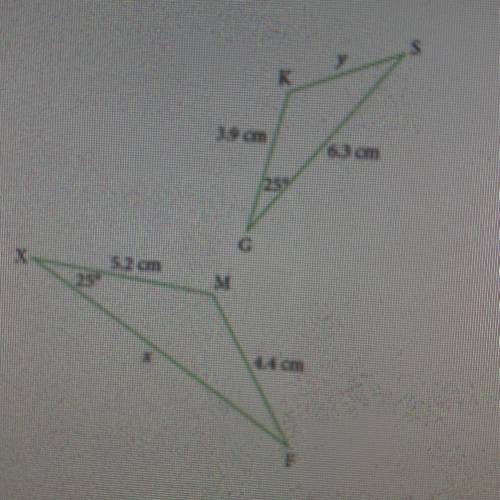 Given that these two triangles are similar:

a) write a similarity relationship between the two tr