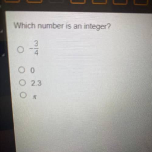 Which number is an integer?
1
O
3
4
O 0
O 2.3
O