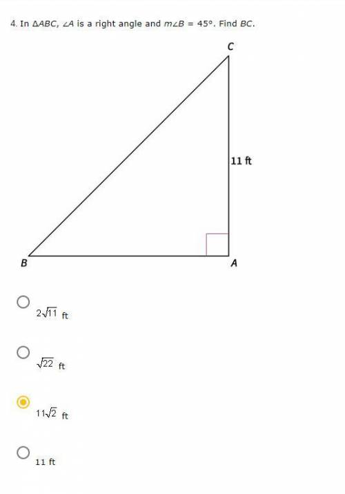 In Triangle ABC, Angle A is a right angle and MangleB = 45. find BC