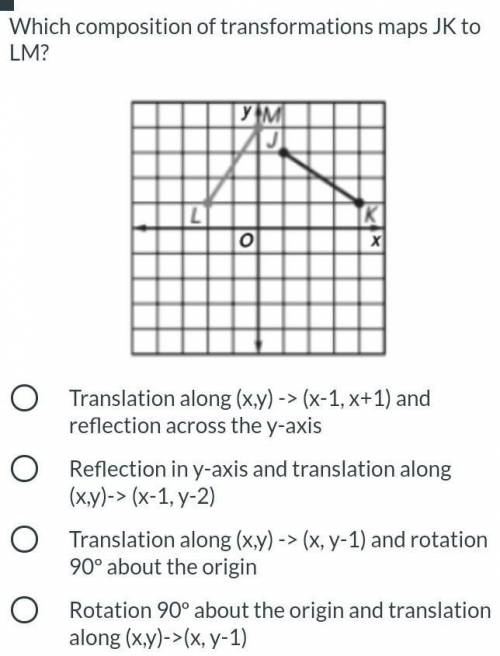 Which composition of transformations maps JK to LM?   ￼
 

A. Translation along (x,y) -> (x-1, x