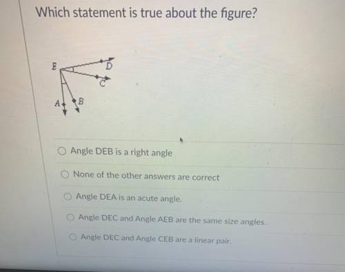 PLEASE HELP

Which statement is true about the figure?
Angle DEB is a right angle
None of the othe