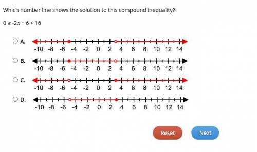Which number line shows the solution to this compound inequality?
0 ≤ -2x + 6 < 16