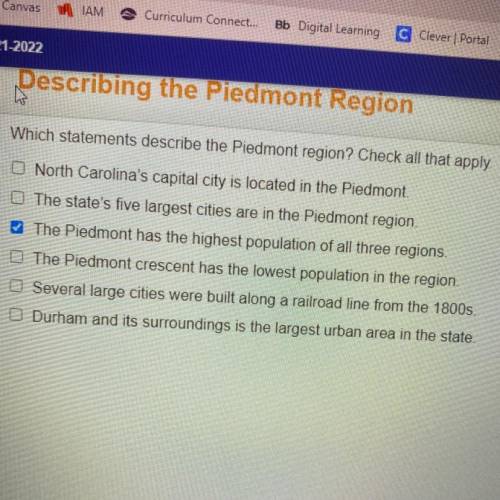 Which statements describe the Piedmont region? Check all that apply.