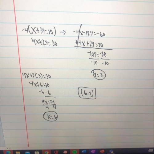 What is the solution to the system of equations below? x + 3 y = 15 and 4 x + 2 y = 30 (7 , 2) (2, 7
