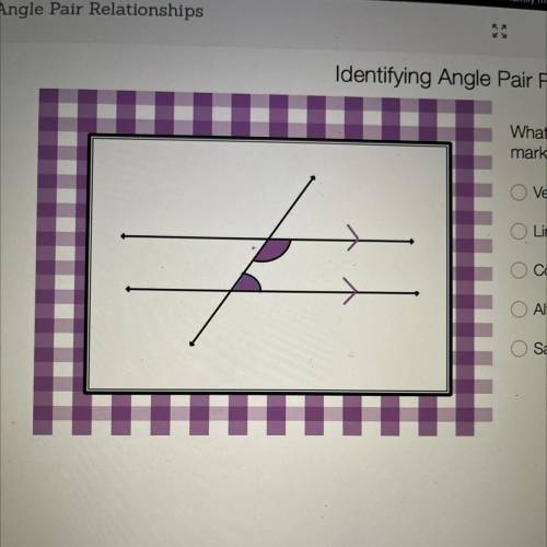 Aurora McGinnis

Identifying Angle Pair Relationships
What is the angle pair relationship between