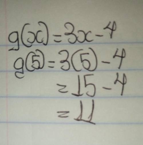 If f(x) = -x + 5 and g(x) = 3x - 4, find g(5).
A. O
B. 10
C. 11
D. 19