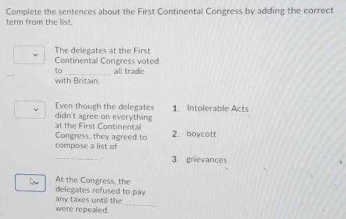 Complete the sentences about the First Continental Congress by adding the correct term from the lis