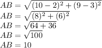 AB=\sqrt{(10-2)^2+(9-3)^2}\\AB=\sqrt{(8)^2+(6)^2}\\AB=\sqrt{64+36}\\AB=\sqrt{100}\\AB=10