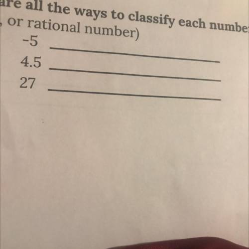 What are all the ways to classify each number? (whole number

integer, or rational number. -5