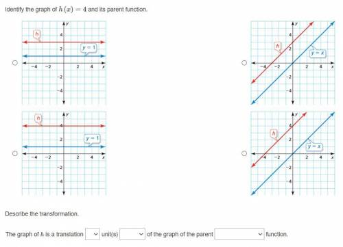 Identify the graph of h(x)=4 and its parent function.

Question 2
Describe the transformation.
The