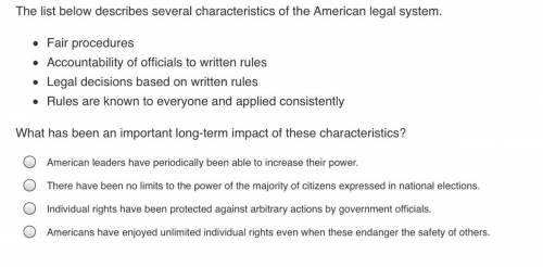 The list below describes several characteristics of the American legal system.

Fair procedures
Ac