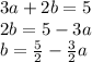 3a + 2b = 5 \\ 2b = 5 - 3a \\ b =  \frac{5}{2}  -  \frac{3}{2} a