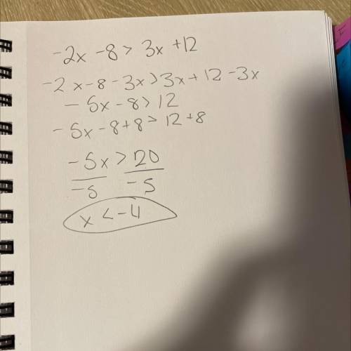 Solve -2x-8>3x+12
(Picture added, multiple choice)
