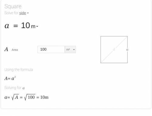 Try It!

What is the side length, s, of the square below?
A = 100 m2
W
H
Each side of the square me