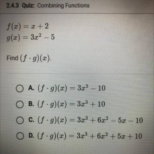 F(x)+x+2 g(x)=3x^2-5
Find (f•g) (x).