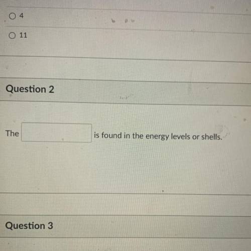 D
Question 2
The
is found in the energy levels or shells.