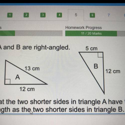Triangles A and B are right-angled.

a) Show that the two shorter sides in triangle A have the
sam