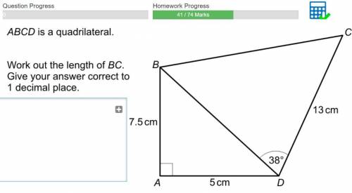 ABCD is a quadrilateral Work out the length of BC give your anser correct to 1 decimal place