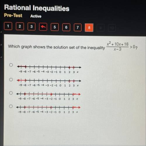 X?+ 10x+16

-> 0?
Which graph shows the solution set of the inequality
X-3
HHH
-9-8-7 -6 -5 -4