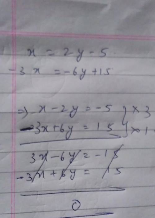 Solve the system of equations.

x = 2y-5 
-3x = -6y+15
A. (-2,-9)
B. (1,-3)
C. Infinite Solutions