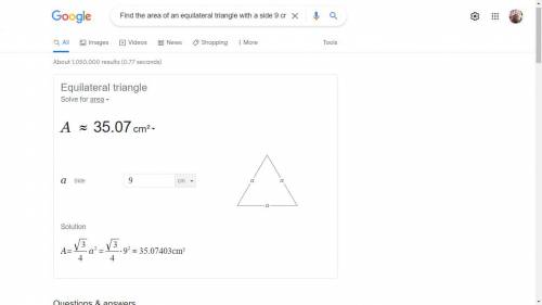 Trouve l'aire d'un triangle équilatéral de 9 cm de côté