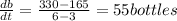 \frac{db}{dt}=\frac{330-165}{6-3} =55bottles