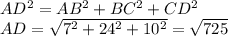 AD^2 = AB^2+BC^2+CD^2\\AD = \sqrt{7^2+24^2+10^2} = \sqrt{725}