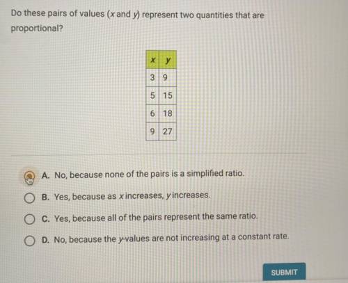 (HELP ASAP)

Do these pairs of values (x and y) represent two quantities that are proportional?