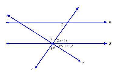 Lines c and d are parallel.

Parallel lines c and d are cut by transversals s and t. Clockwise fro
