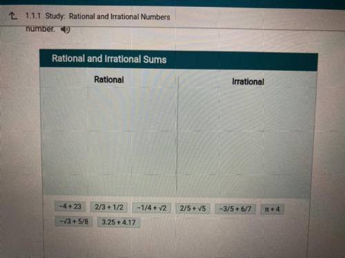 Rational and Irrational Sums

Rational
Irrational
-4 +23
2/3 + 1/2
-1/4 + 12
2/5 + 15
-3/5 + 6/7
T